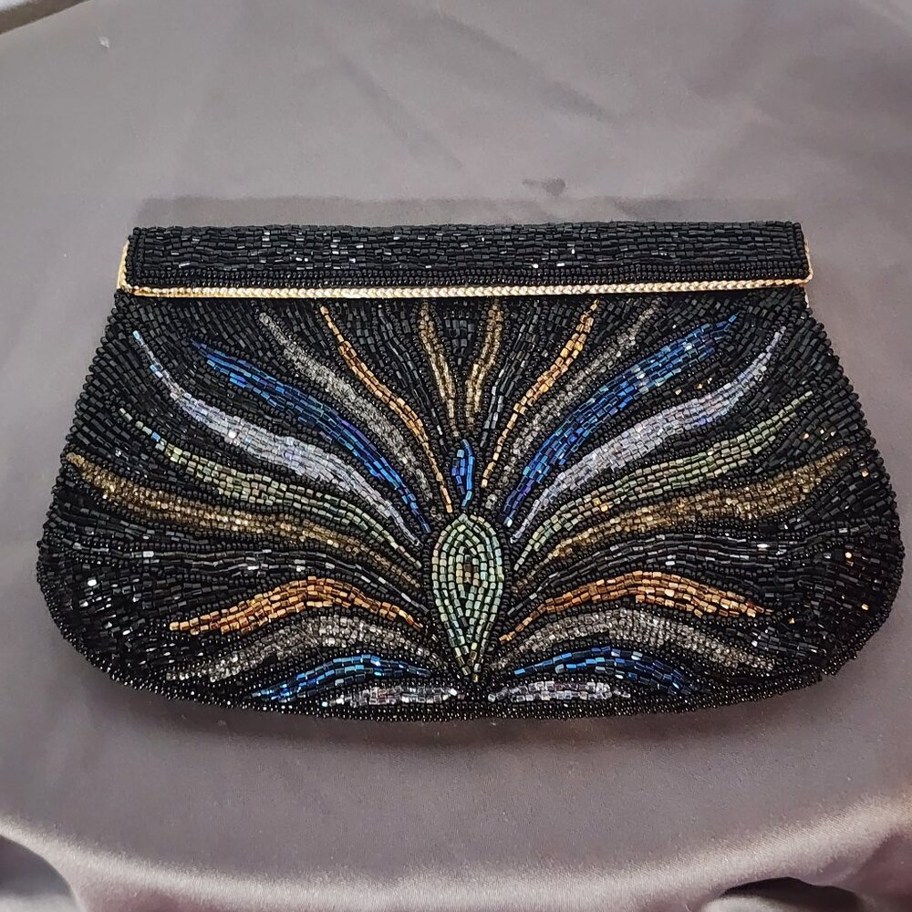 ADG Fashion Imports Black Cobalt Multicolor Beaded Metal Closure Clutch Purse